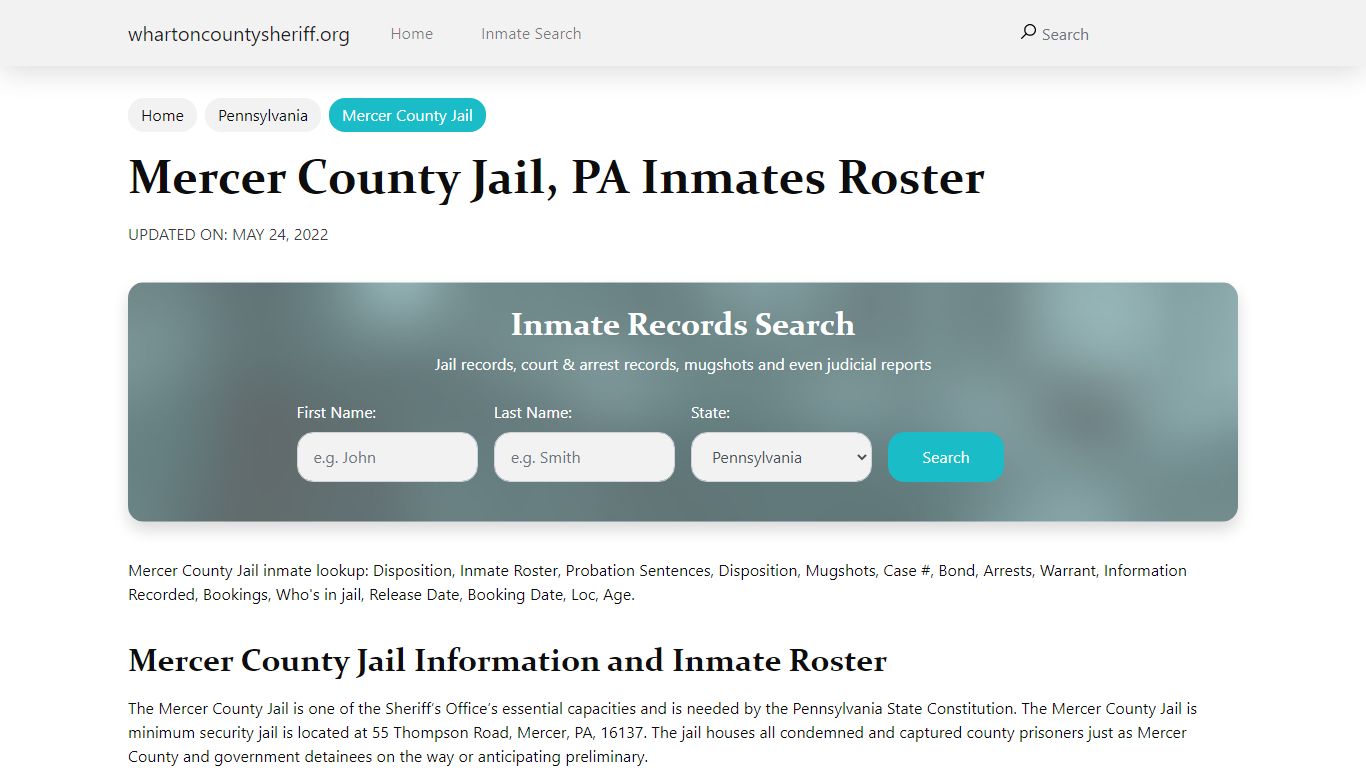 Mercer County Jail, PA Jail Roster, Name Search